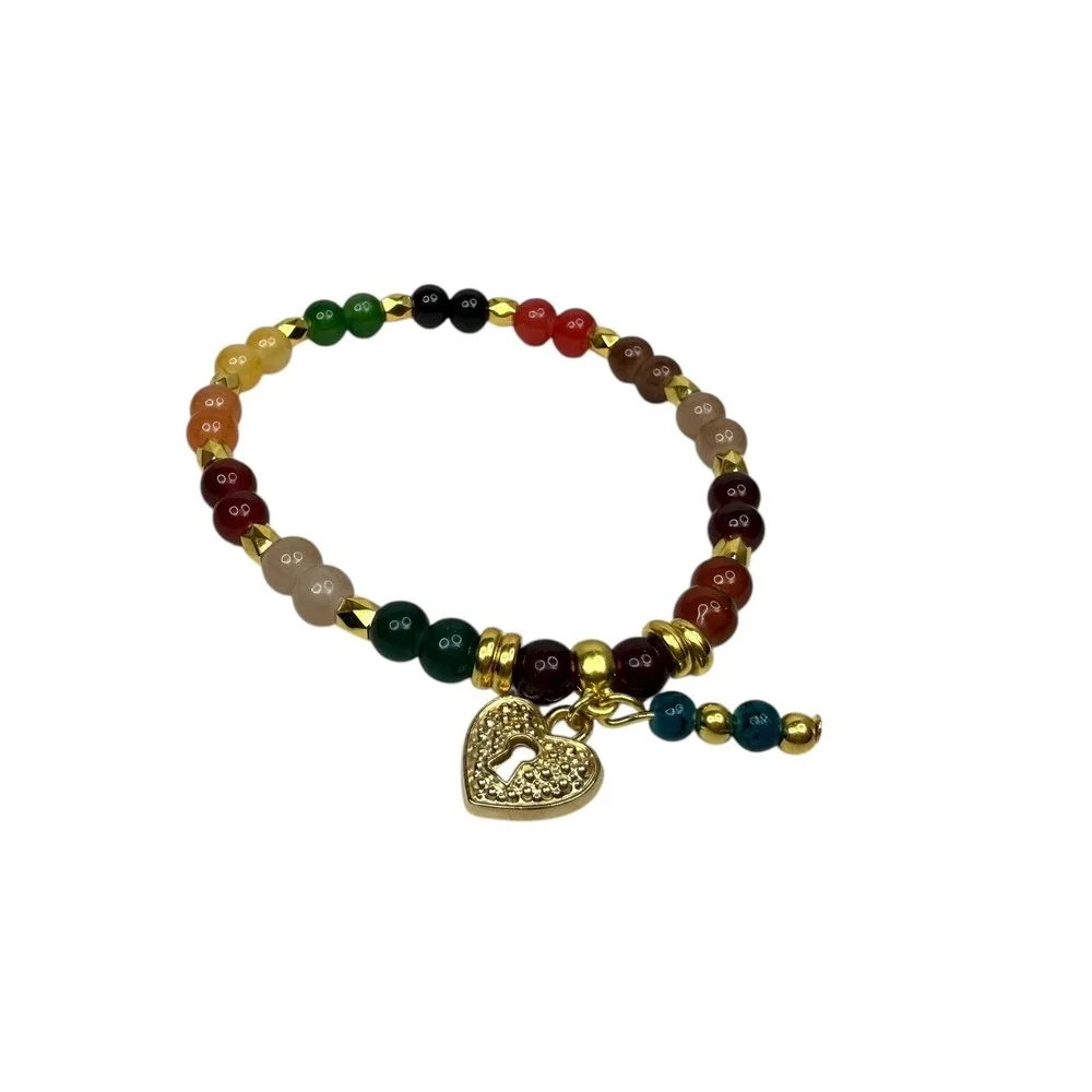 Boho Colorful Glass Gemstone Heart Charm Bracelet Gold Tone Stretch Band Wrist 7